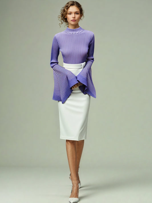 Purple Striped Knit Sweater with Bell Sleeve Detail