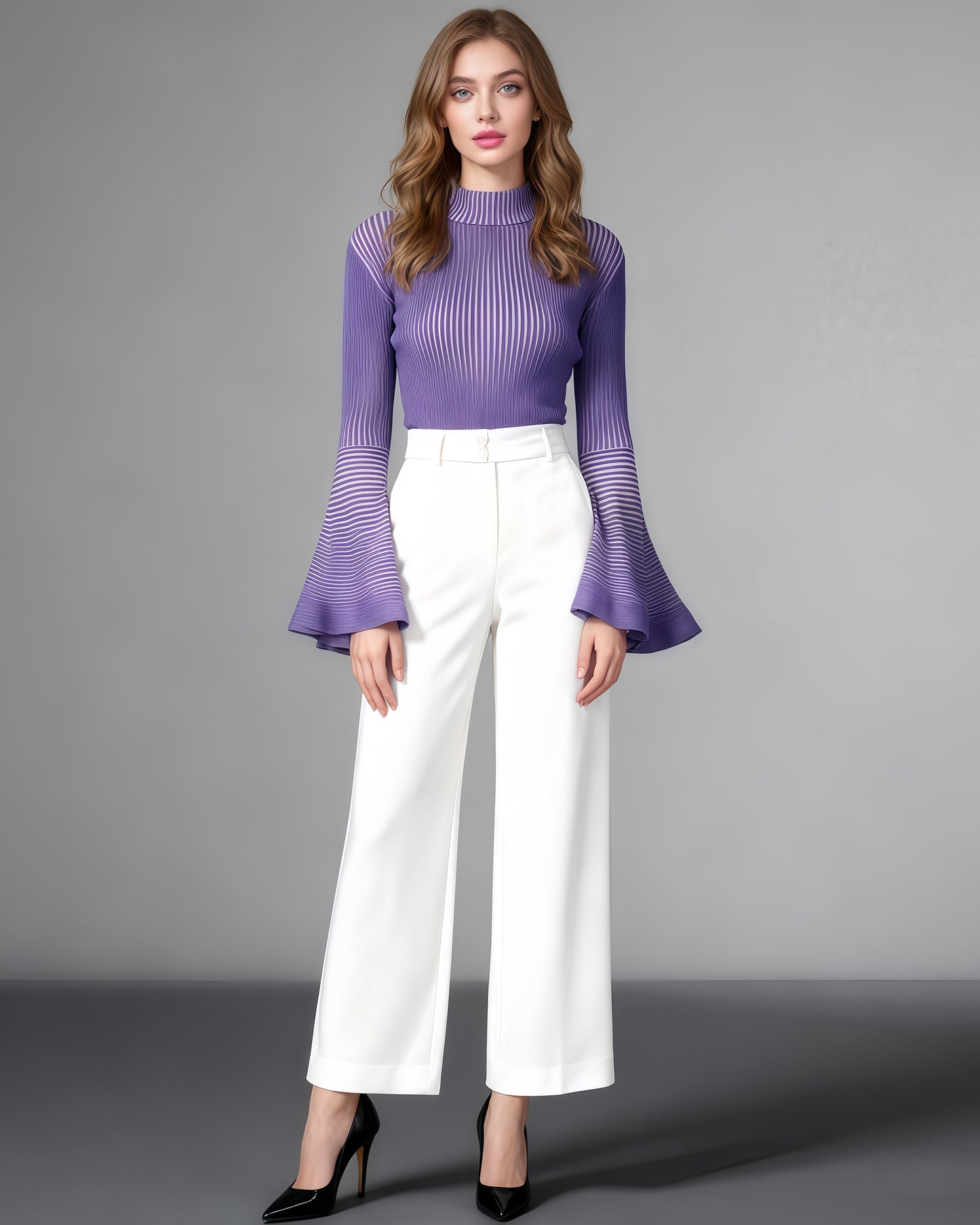 Purple Striped Knit Sweater with Bell Sleeve