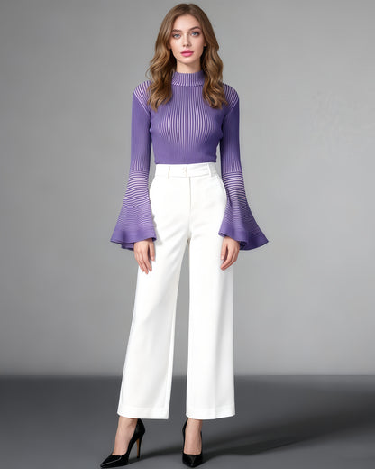 Purple Striped Knit Sweater with Bell Sleeve