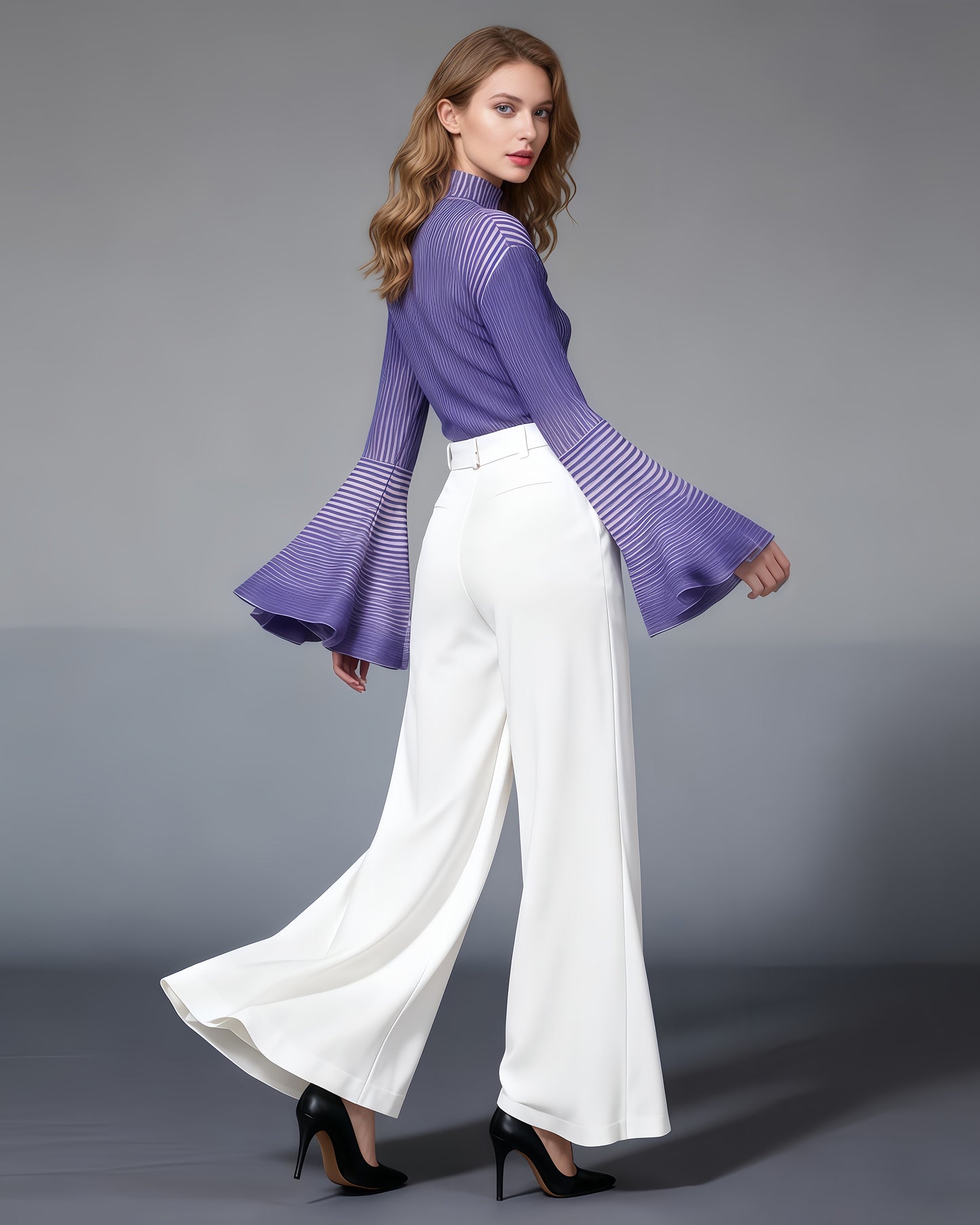 Purple Striped Knit Sweater with Bell Sleeve