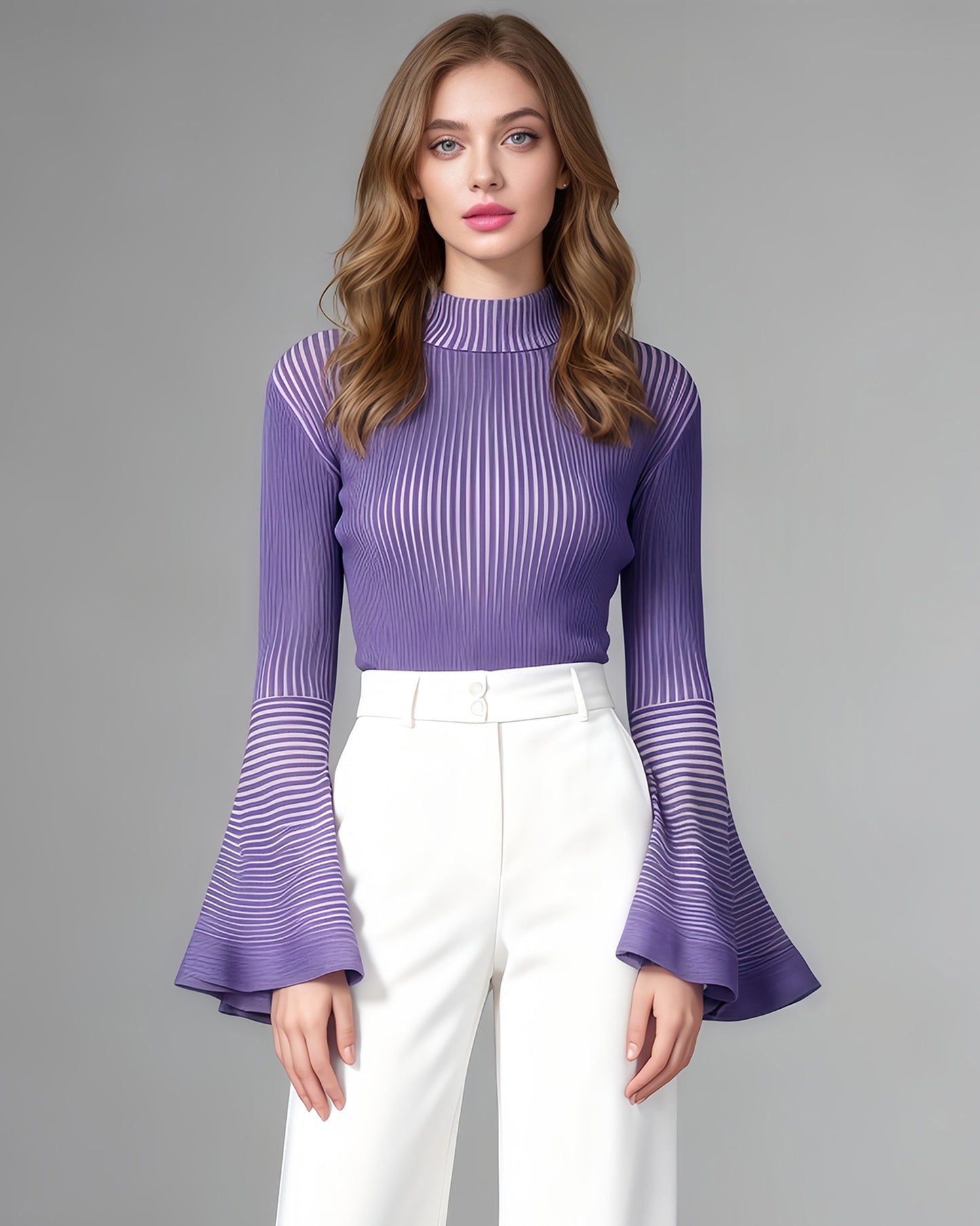 Purple Striped Knit Sweater with Bell Sleeve