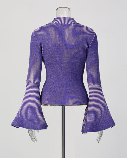 Purple Striped Knit Sweater with Bell Sleeve