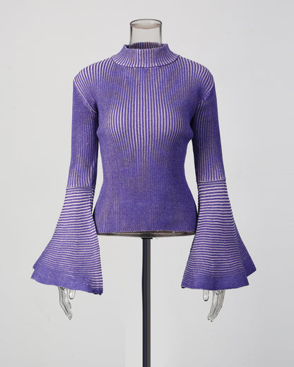 Purple Striped Knit Sweater with Bell Sleeve