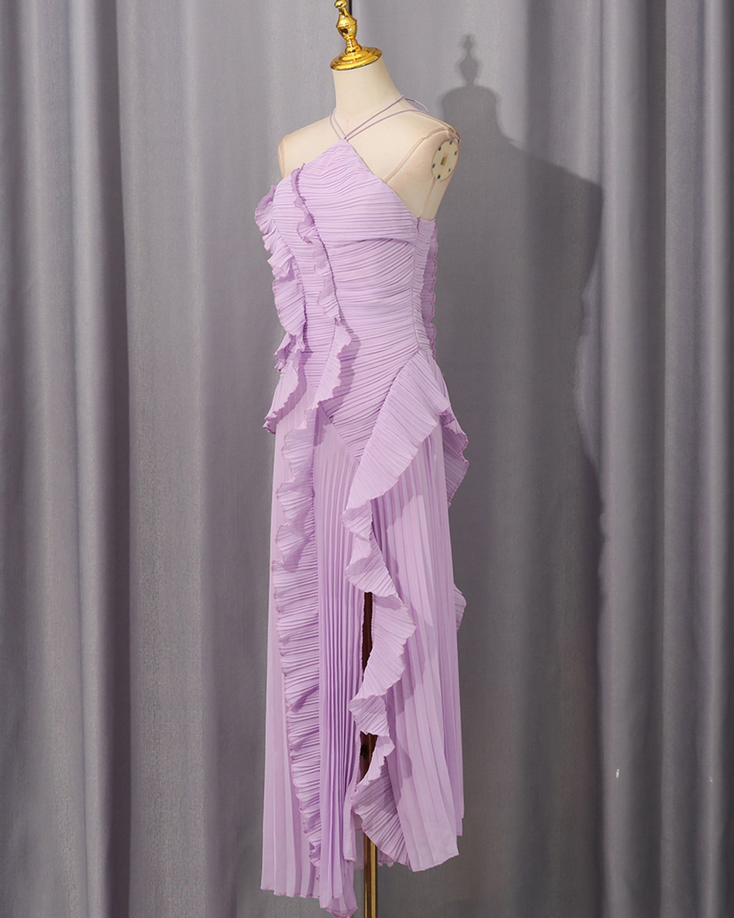 Purple Halter Ruffle Pleated Maxi Dress