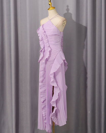 Purple Halter Ruffle Pleated Maxi Dress