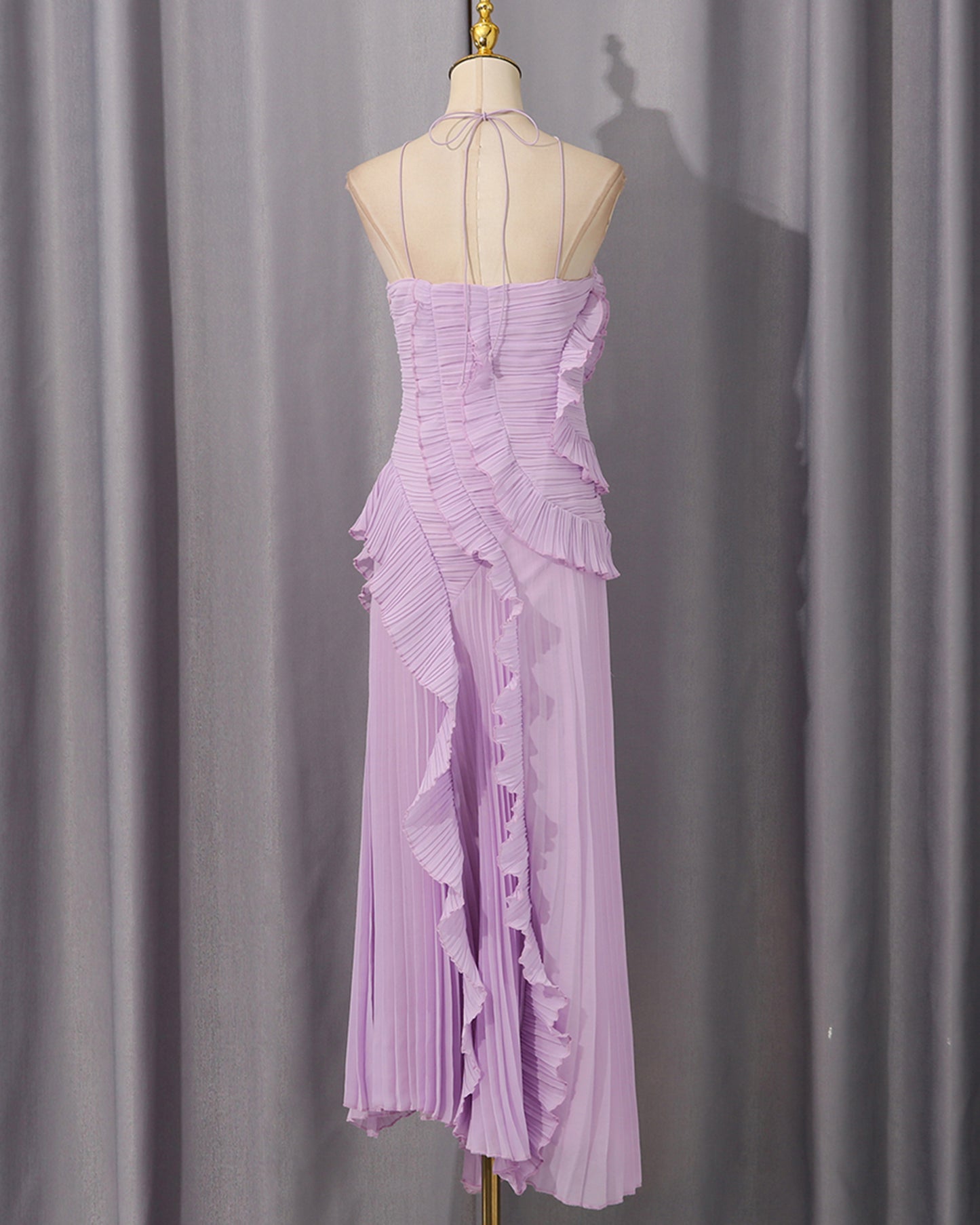 Purple Halter Ruffle Pleated Maxi Dress