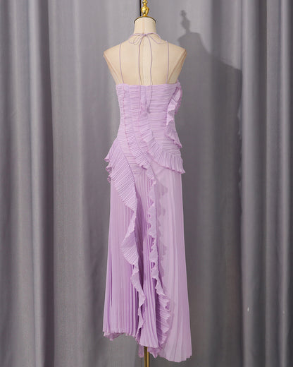 Purple Halter Ruffle Pleated Maxi Dress