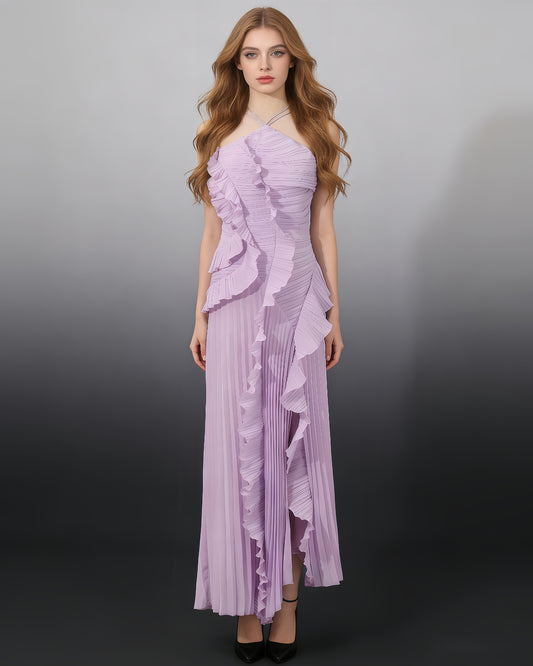Purple Halter Ruffle Pleated Maxi Dress