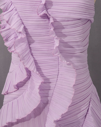 Purple Halter Ruffle Pleated Maxi Dress