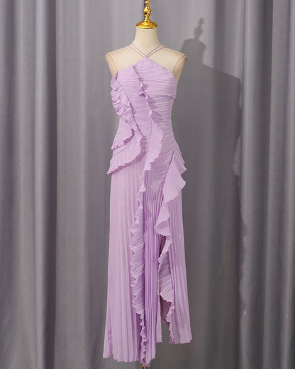 Purple Halter Ruffle Pleated Maxi Dress