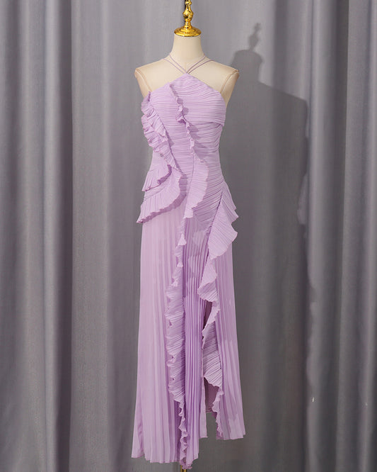 Purple Halter Ruffle Pleated Maxi Dress