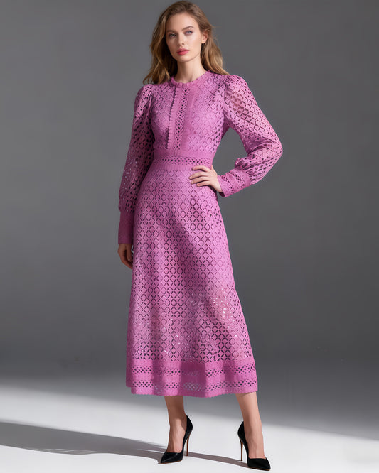 Purple Lace Hollow-Out Long Sleeve Midi Dress
