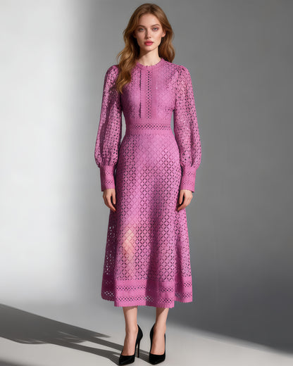 Purple Lace Hollow-Out Long Sleeve Midi Dress