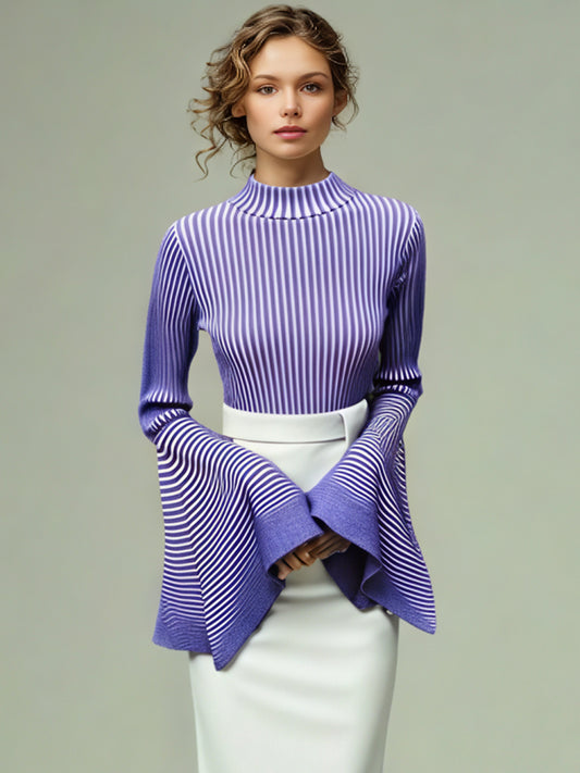 Purple Striped Knit Sweater with Bell Sleeve Detail