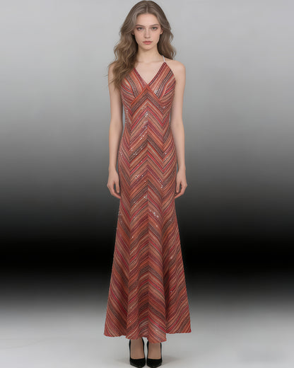 Red-Gold Sequin V-Neck Mermaid Gown