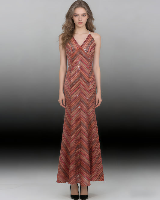 Red-Gold Sequin V-Neck Mermaid Gown