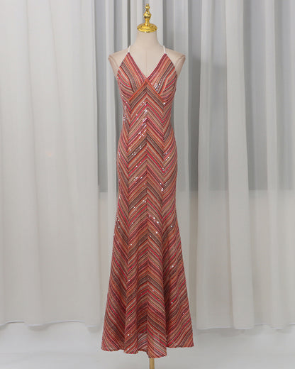 Red-Gold Sequin V-Neck Mermaid Gown