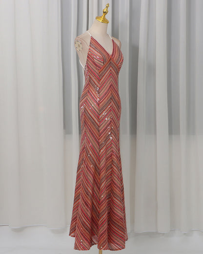 Red-Gold Sequin V-Neck Mermaid Gown