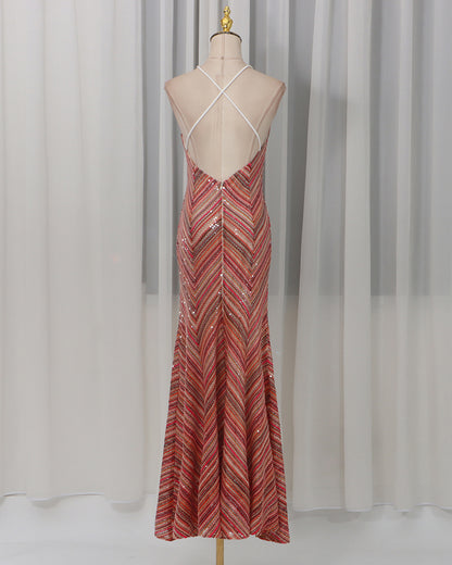 Red-Gold Sequin V-Neck Mermaid Gown