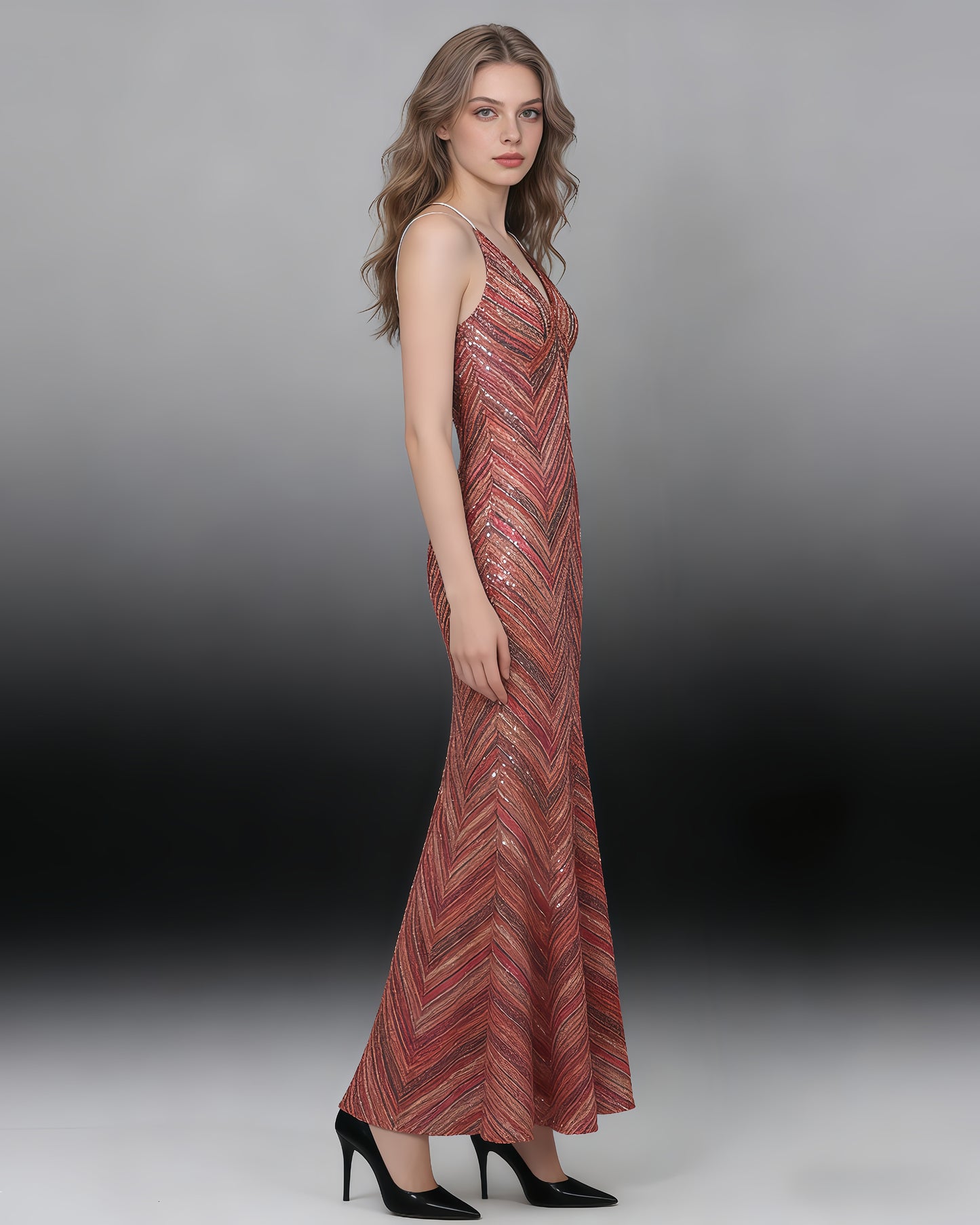 Red-Gold Sequin V-Neck Mermaid Gown