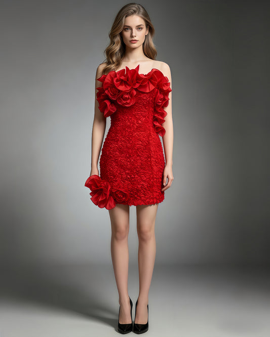 Red 3D Floral Ruched Mini Dress