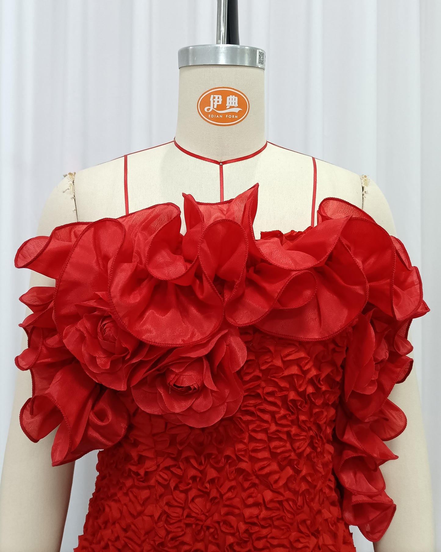 Red 3D Floral Ruched Mini Dress