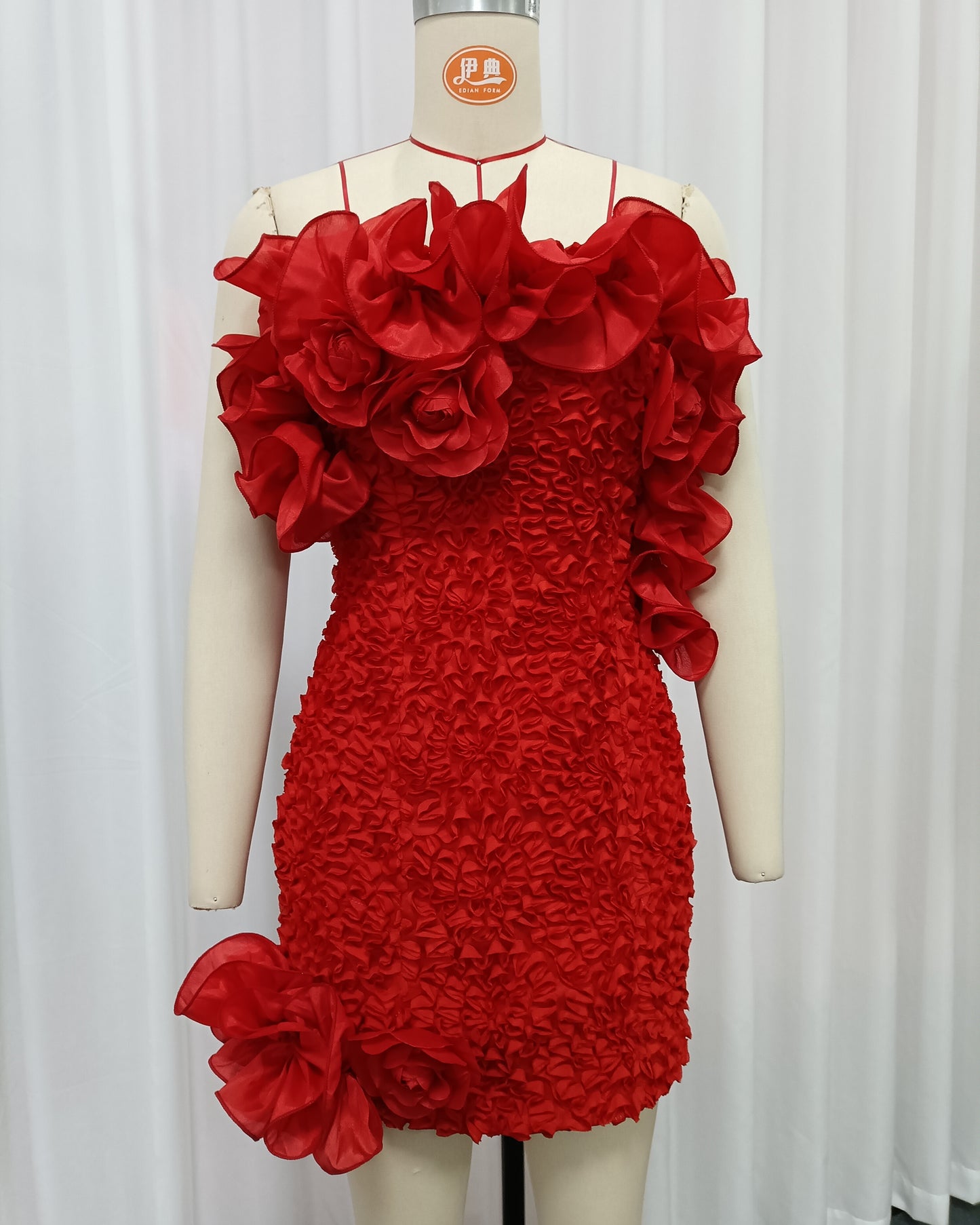 Red 3D Floral Ruched Mini Dress