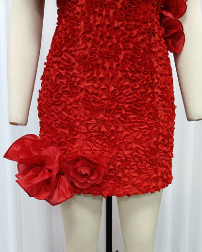 Red 3D Floral Ruched Mini Dress