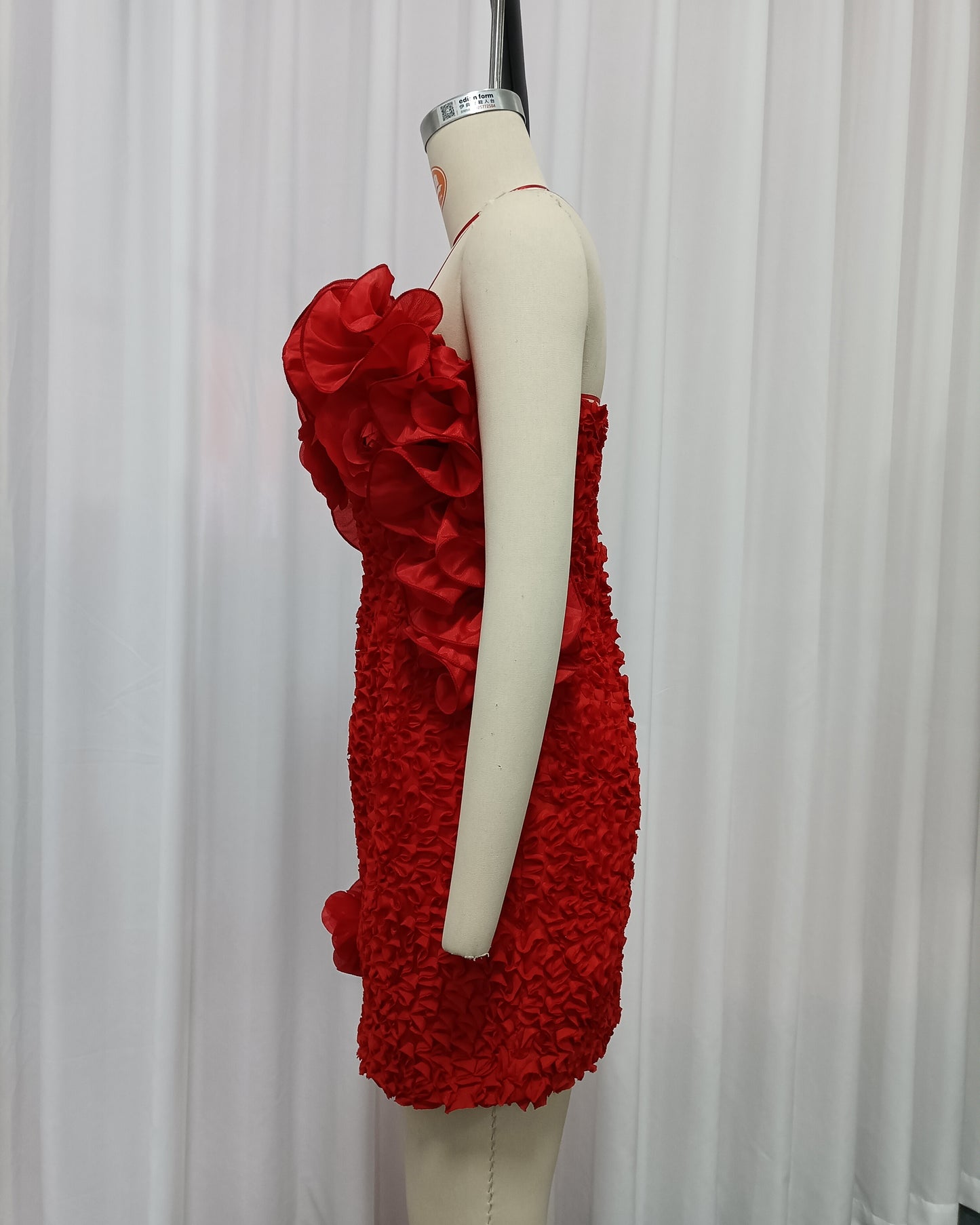 Red 3D Floral Ruched Mini Dress