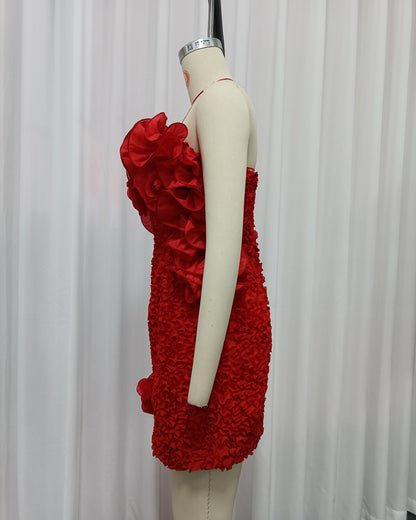 Red 3D Floral Ruched Mini Dress