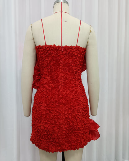 Red 3D Floral Ruched Mini Dress