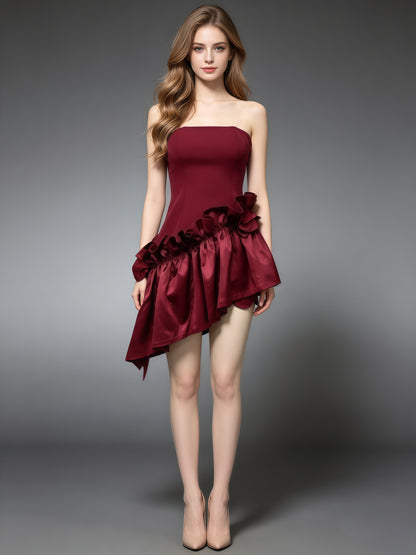 Red 3D Floral Ruffle Asymmetric Mini Dress