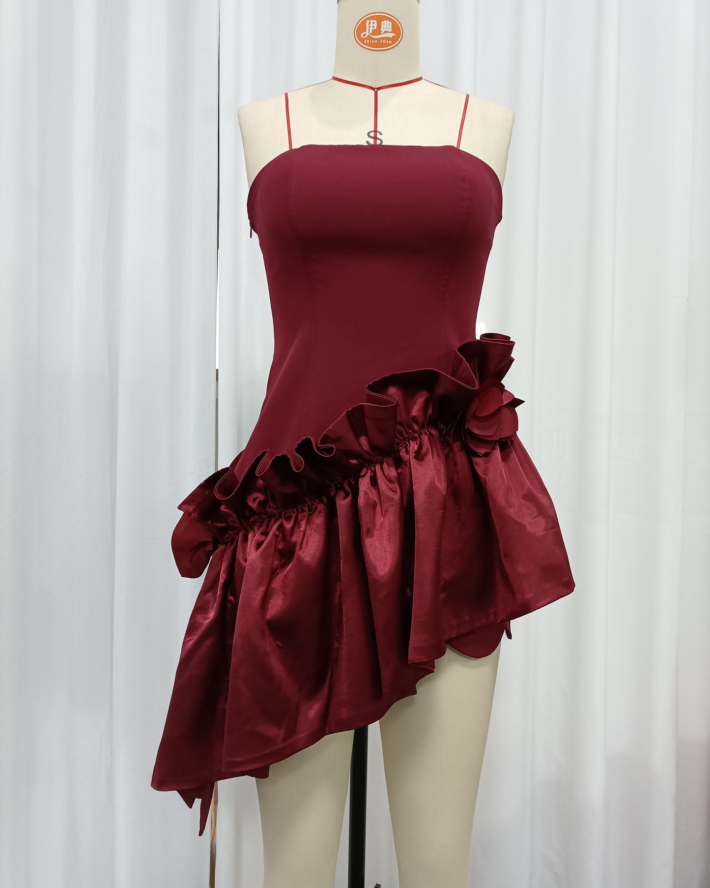 Red 3D Floral Ruffle Asymmetric Mini Dress