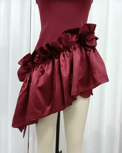 Red 3D Floral Ruffle Asymmetric Mini Dress