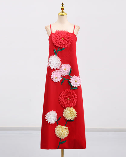 Red 3D Floral Spaghetti Strap Maxi Dress