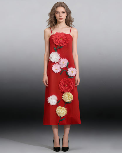 Red 3D Floral Spaghetti Strap Maxi Dress