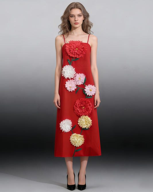 Red 3D Floral Spaghetti Strap Maxi Dress