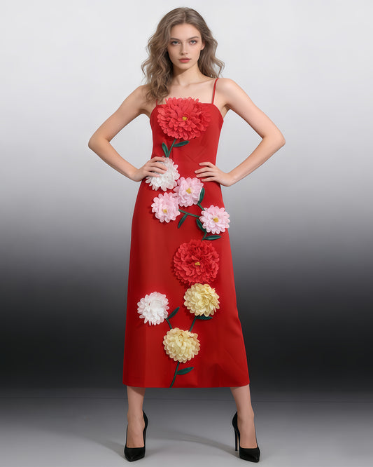 Red 3D Floral Spaghetti Strap Maxi Dress