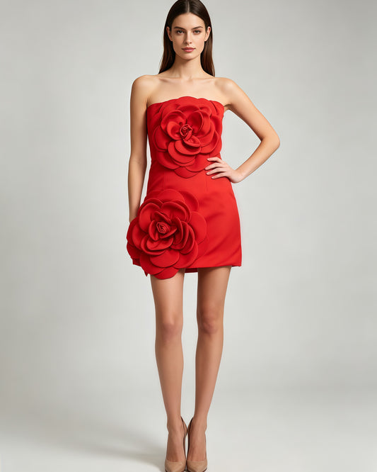 Red 3D Flower Strapless Mini Dress