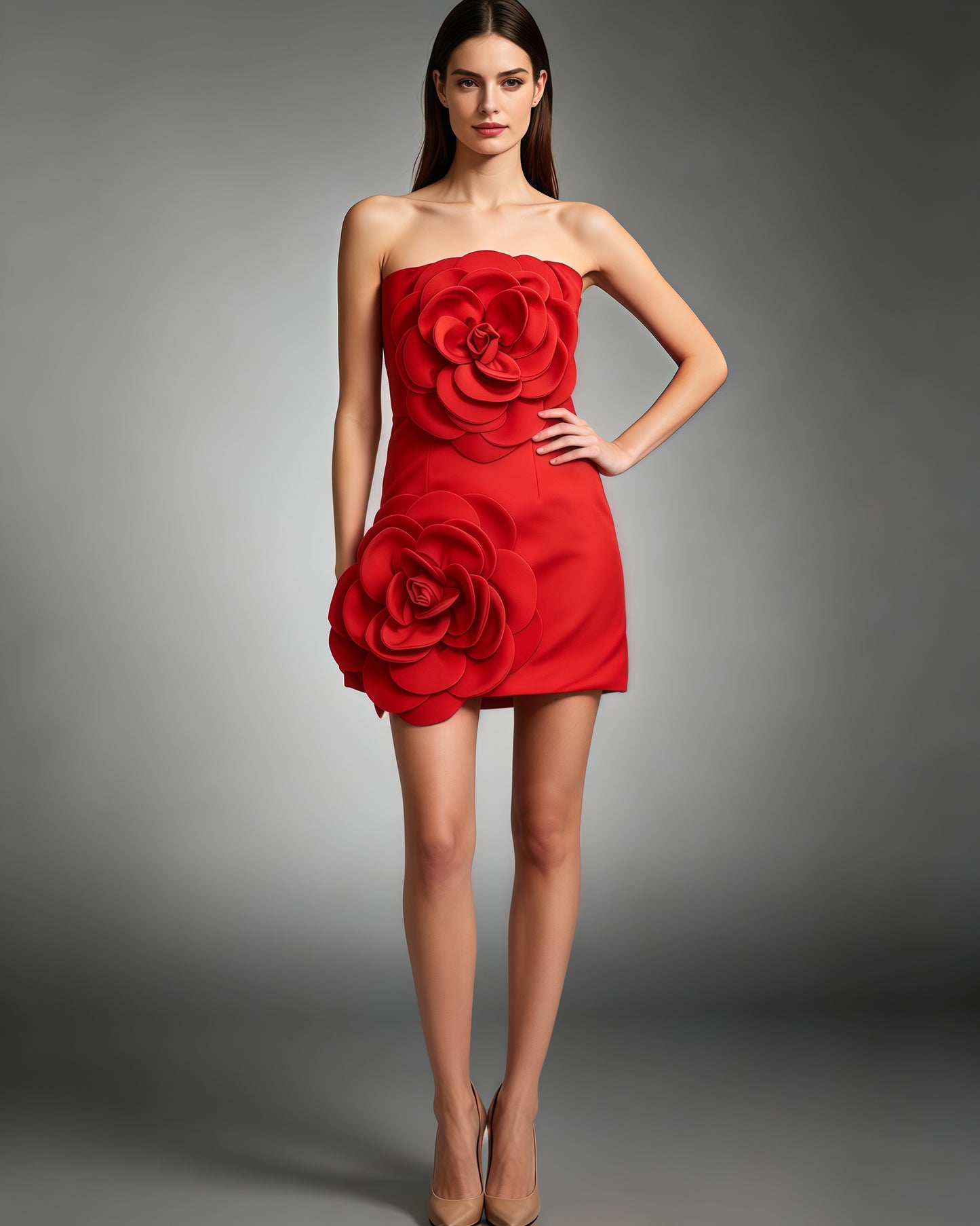 Red 3D Flower Strapless Mini Dress