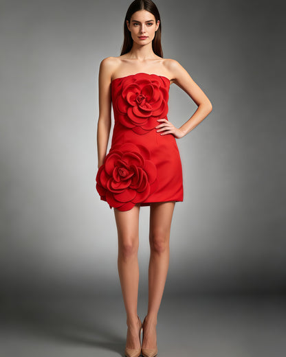 Red 3D Flower Strapless Mini Dress