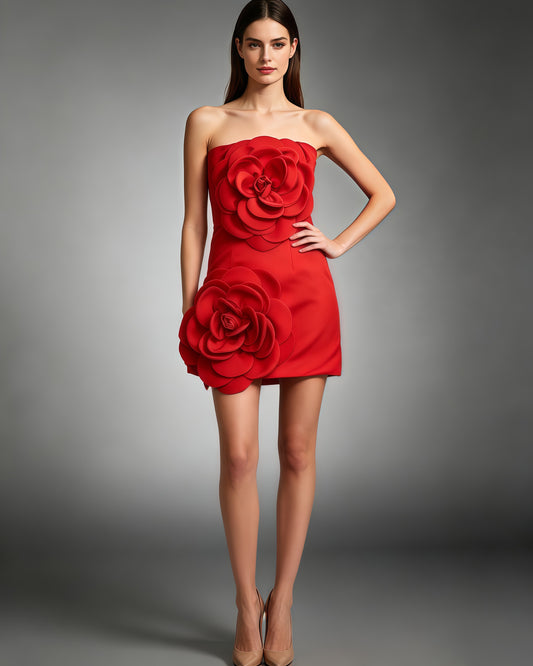 Red 3D Flower Strapless Mini Dress