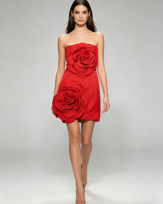 Red 3D Flower Strapless Mini Dress
