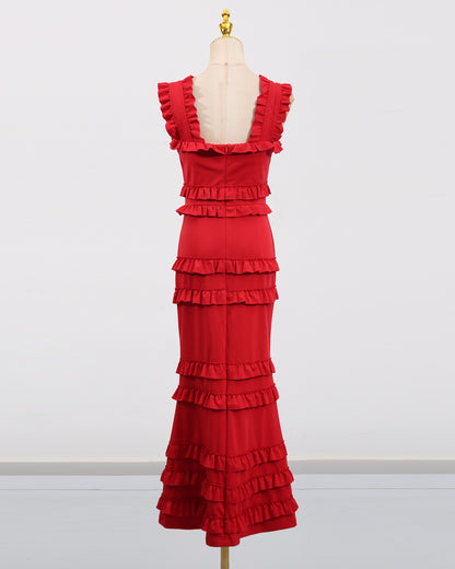 Red 3D Flower Tiered Maxi Dress