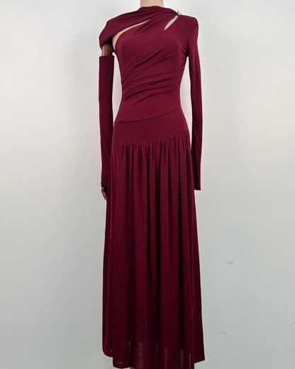 Red Asymmetric Cutout Ruched Maxi Dress