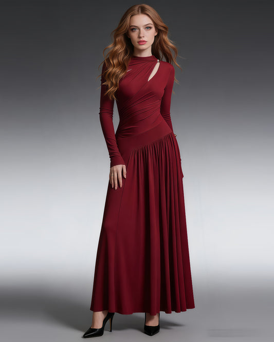Red Asymmetric Cutout Ruched Maxi Dress