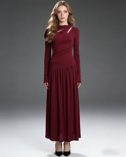 Red Asymmetric Cutout Ruched Maxi Dress