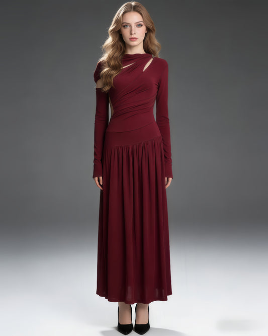 Red Asymmetric Cutout Ruched Maxi Dress