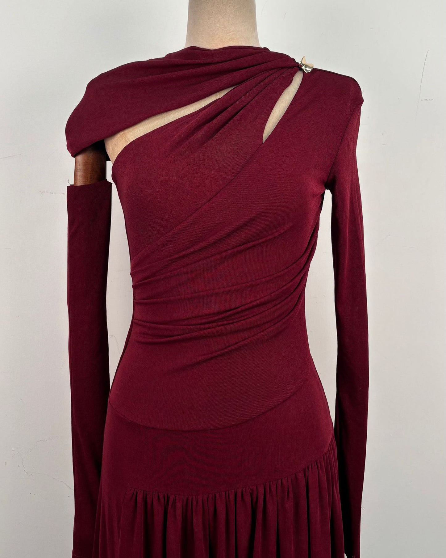 Red Asymmetric Cutout Ruched Maxi Dress