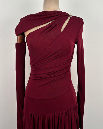 Red Asymmetric Cutout Ruched Maxi Dress